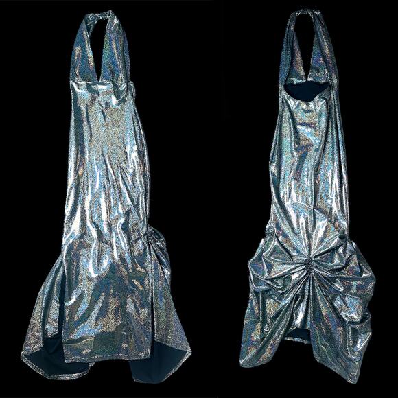 Liquid Silver Holographic Halter Maxi Dress – Custom Pouf Back Skirt XS/Petite - Picture 1 of 11